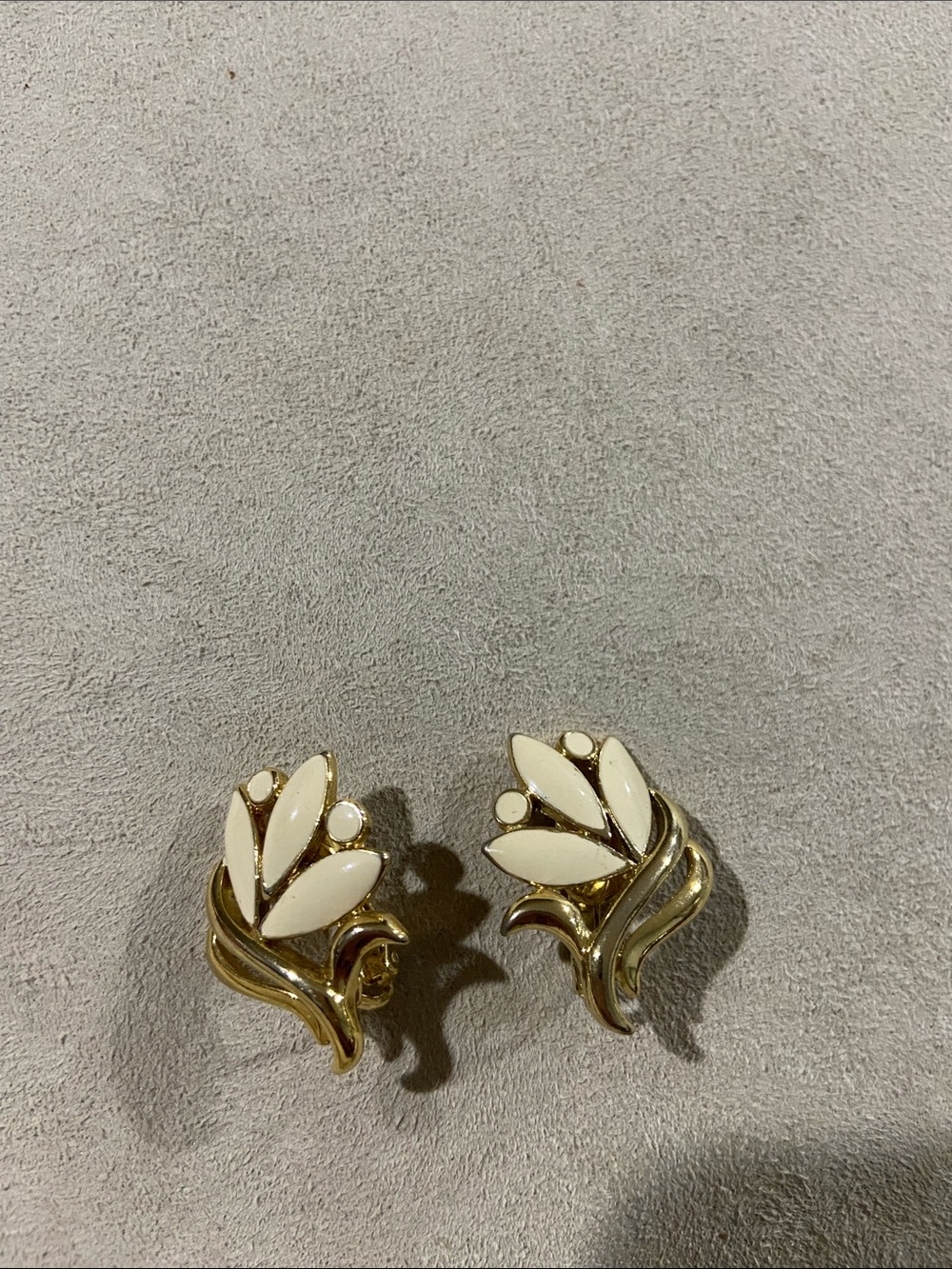 Trifari Gold-Tone Clip Earrings with Cream Leaf Motif